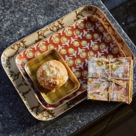 copy of Bohemian chic tray with enameled metal flowers