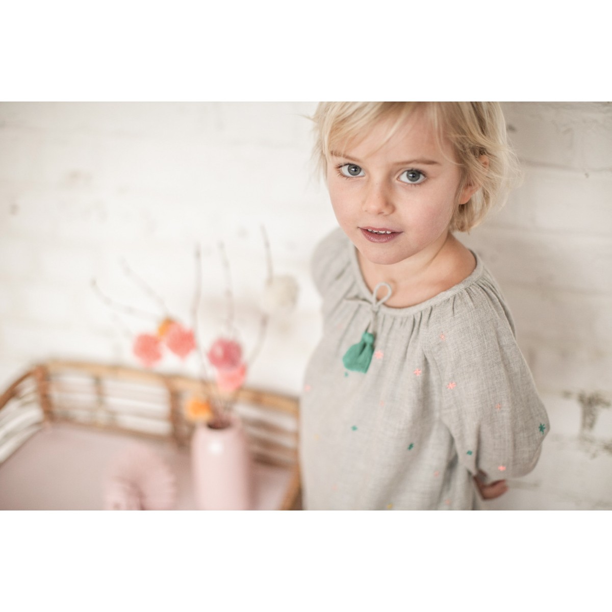 Embroidered blouse  Pompon Flowers Grey