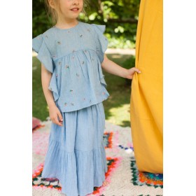 Blouse brodée à volants Bleuet bleue