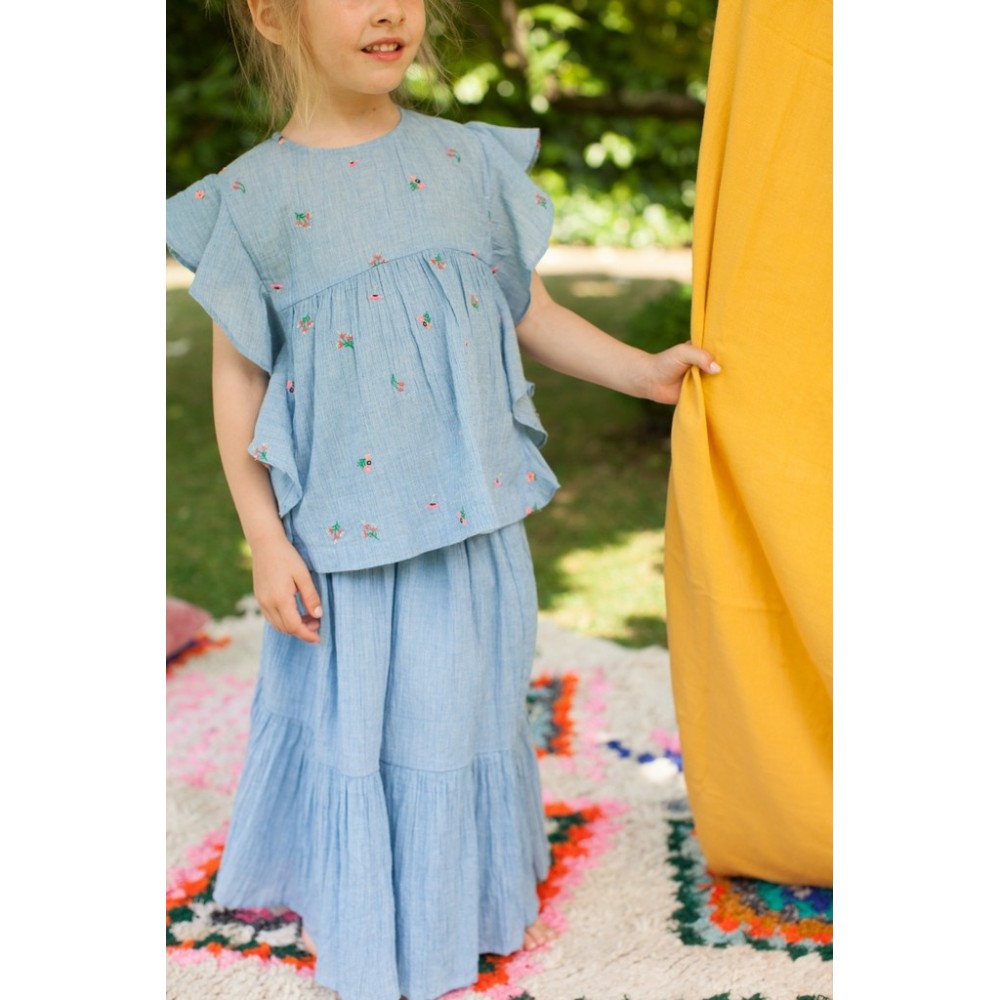 Blouse brodée à volants  Bleuet bleue