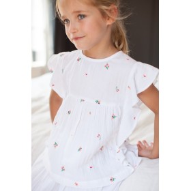Blouse brodée à volants Bleuet blanche