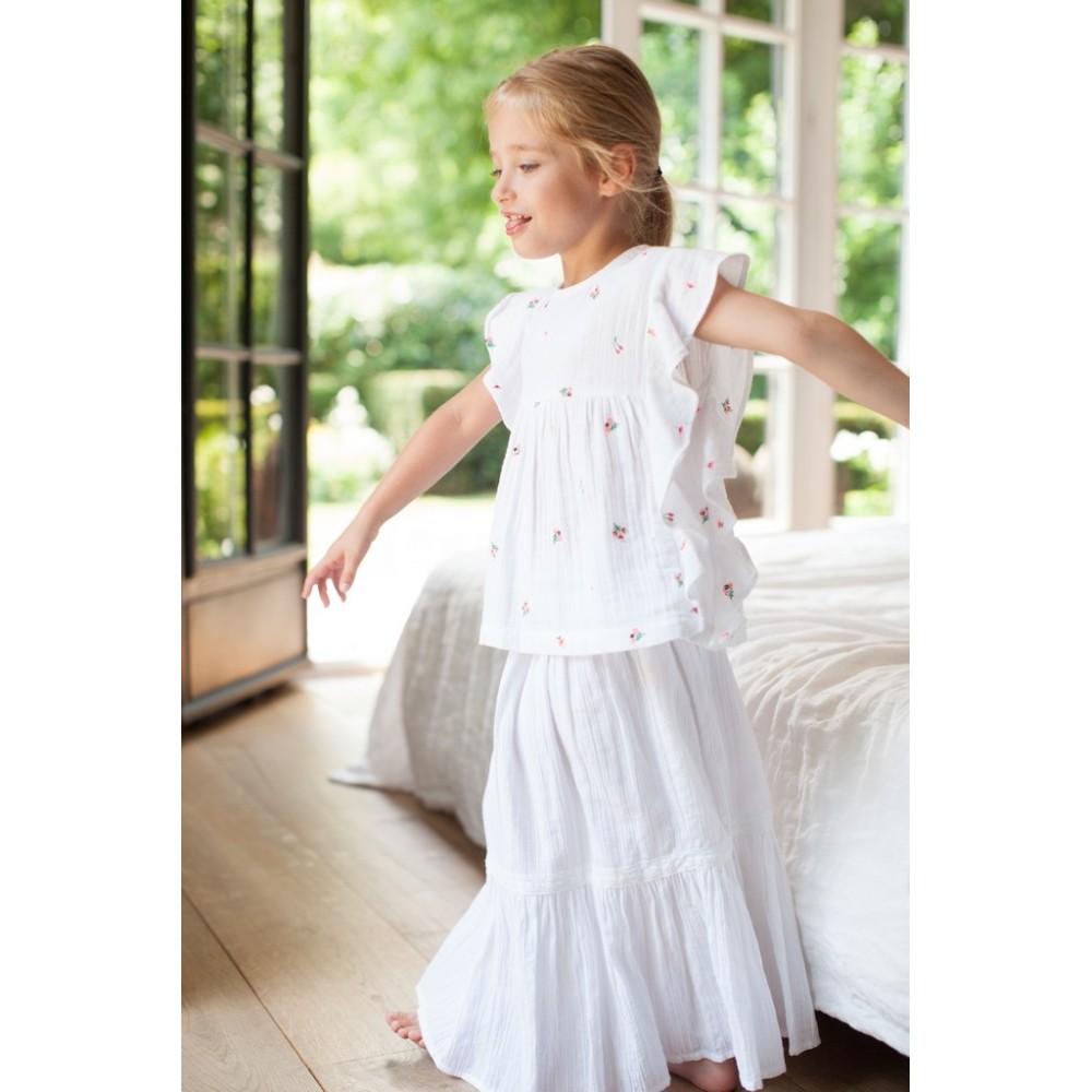 Blouse brodée à volants  Bleuet blanche