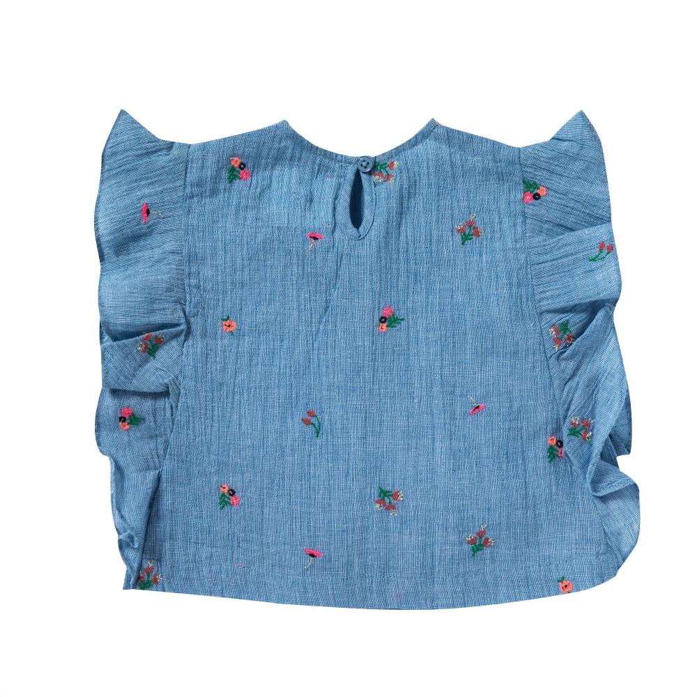 Blouse brodée à volants  Bleuet bleue