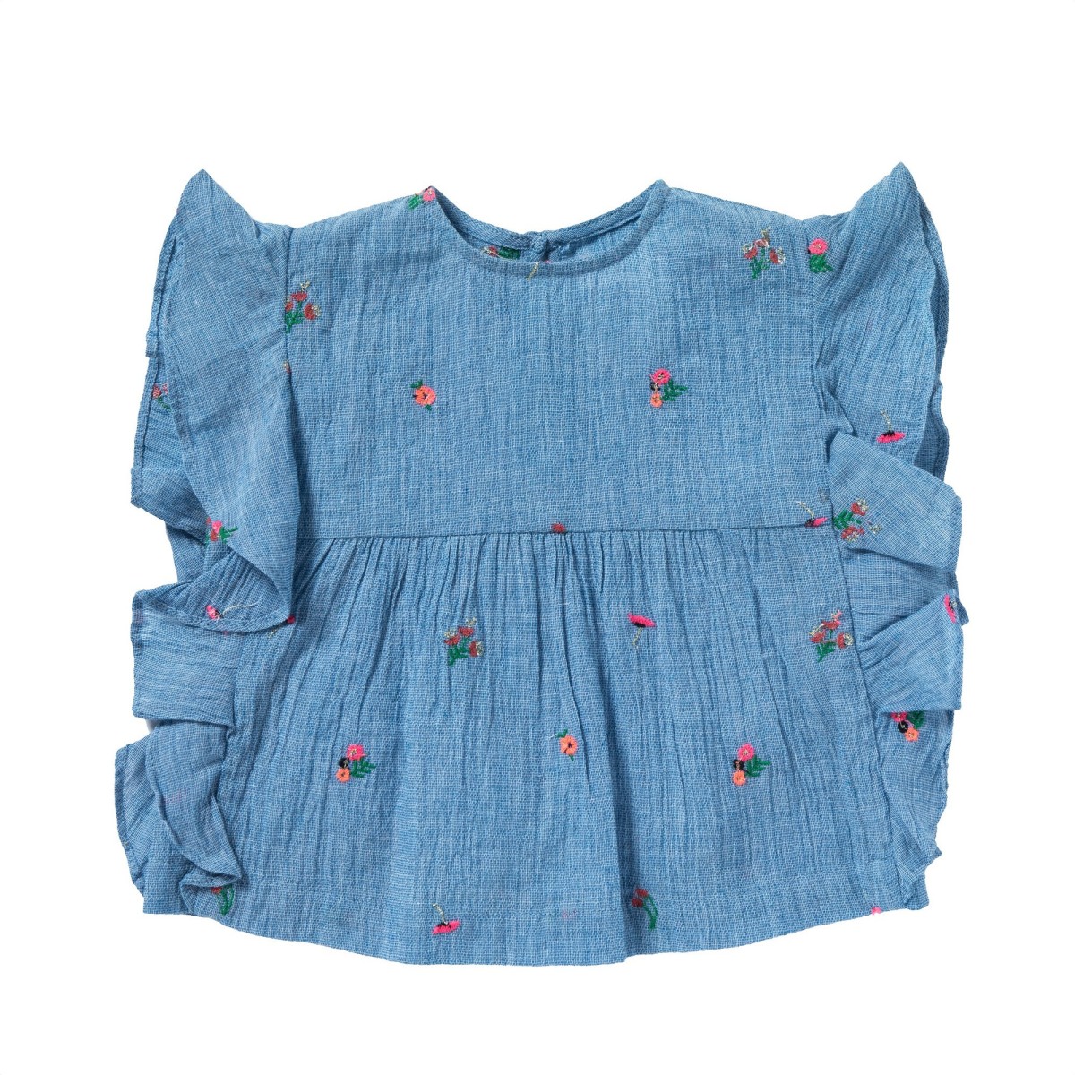 Blouse brodée à volants  Bleuet bleue