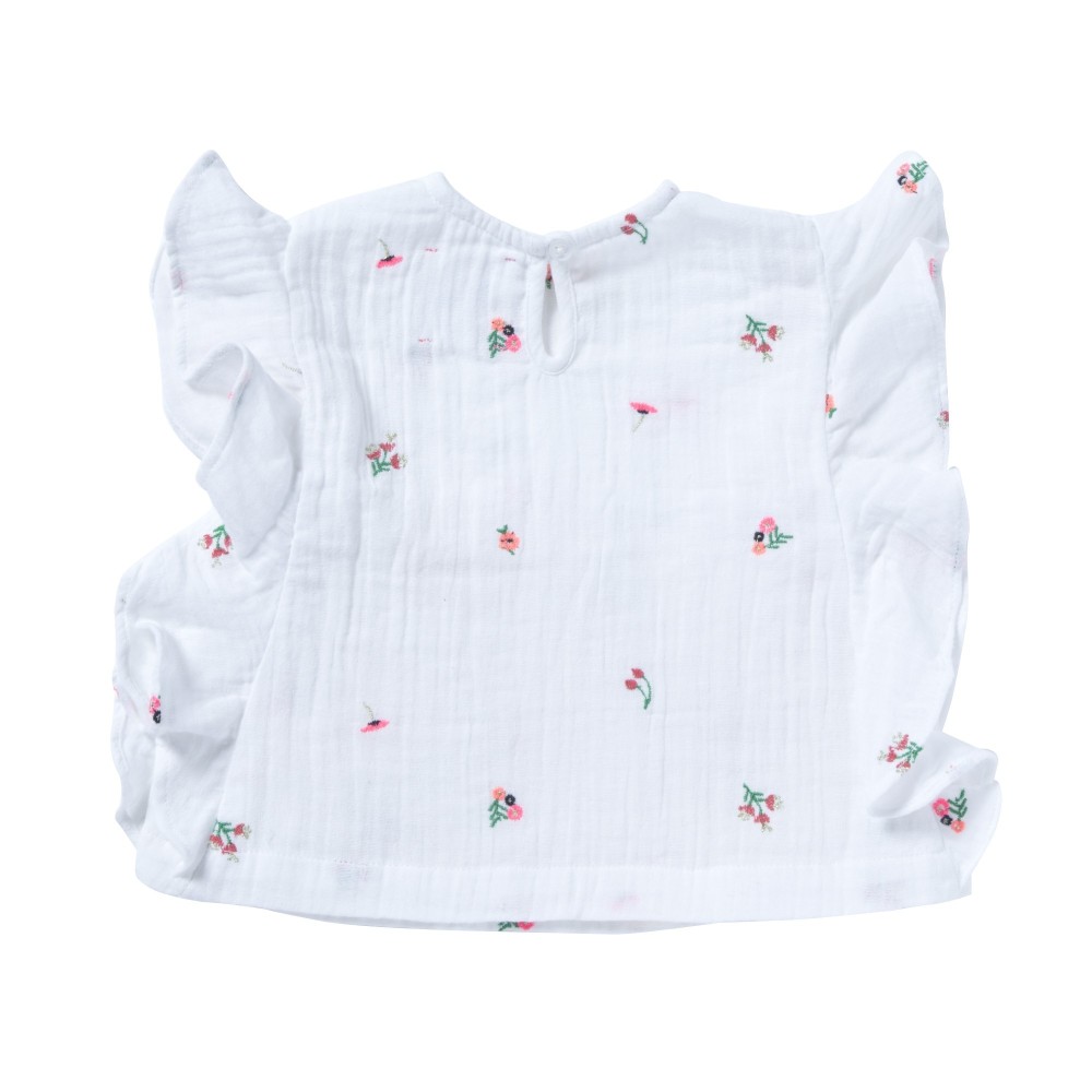 Blouse brodée à volants  Bleuet blanche