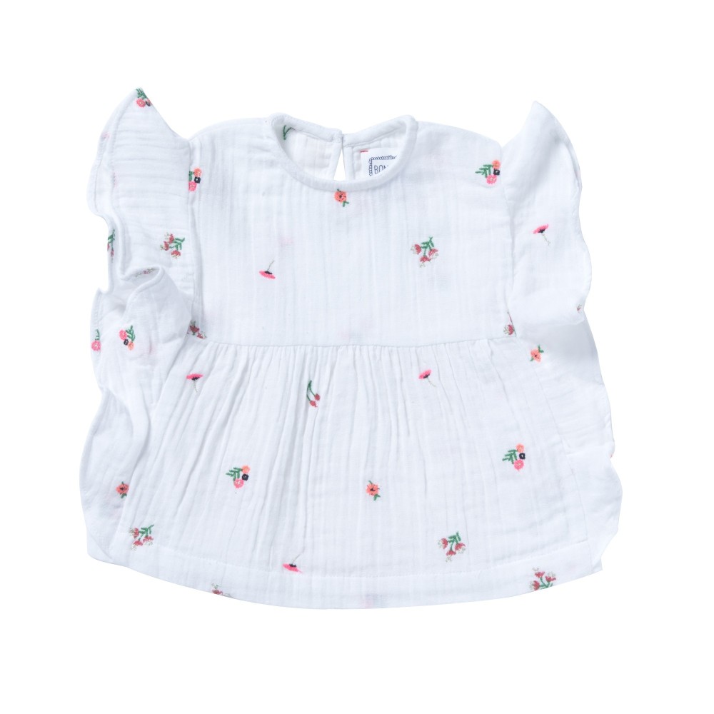 Blouse brodée à volants  Bleuet blanche