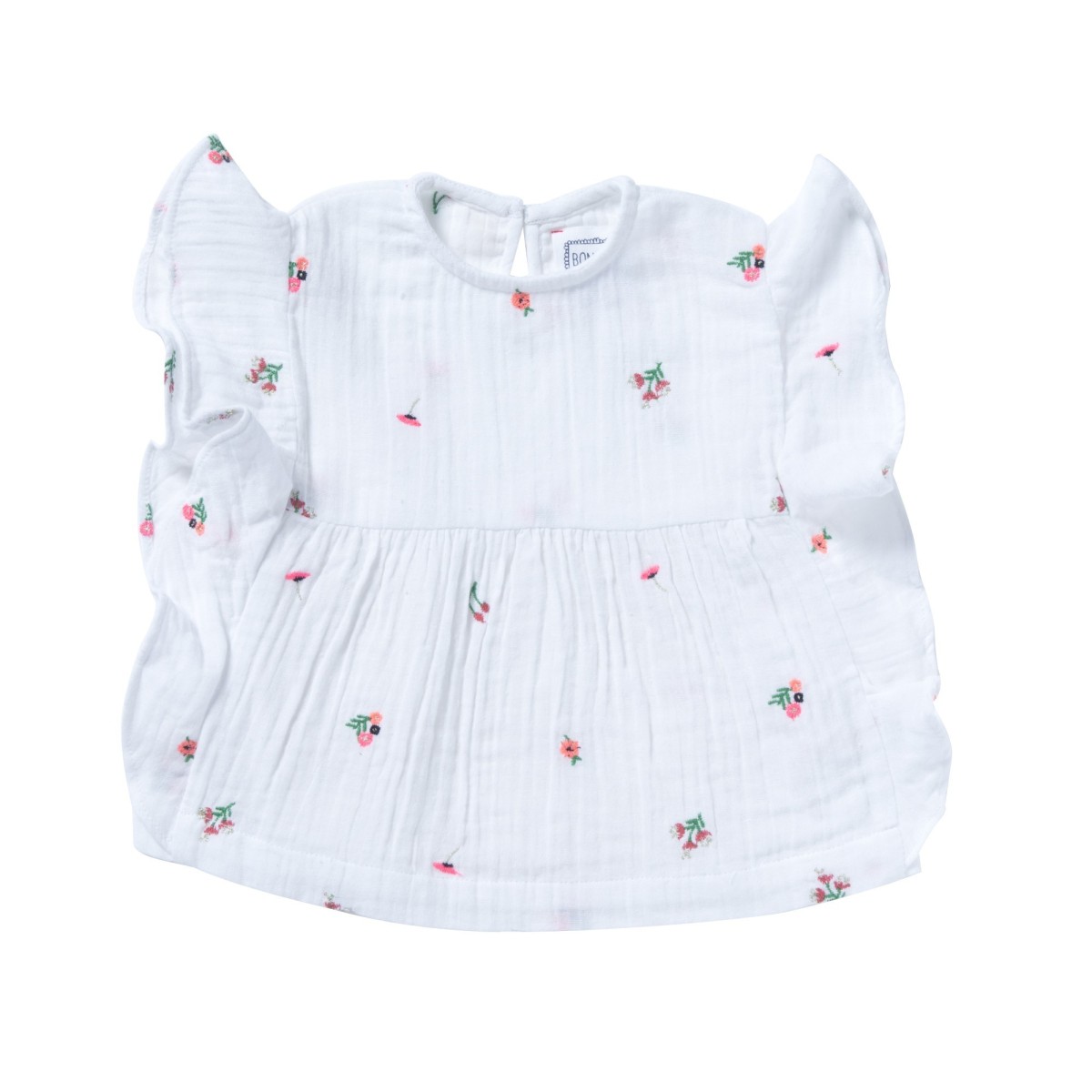 Blouse brodée à volants  Bleuet blanche