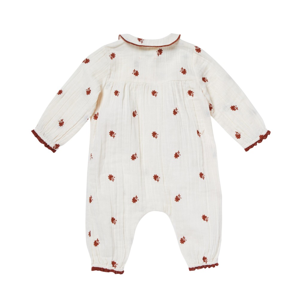 Babies overall with long legs with flowers embroidery.